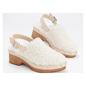 Kelsi Dagger Shearling Platform Clogs Sz 5.5 White & Tan Wood Sole Adjustable St